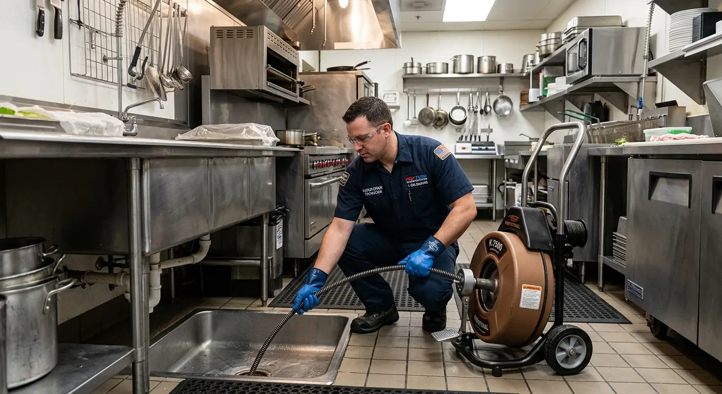 Commercial drain cleaning service in a restaurant kitchen in Primera