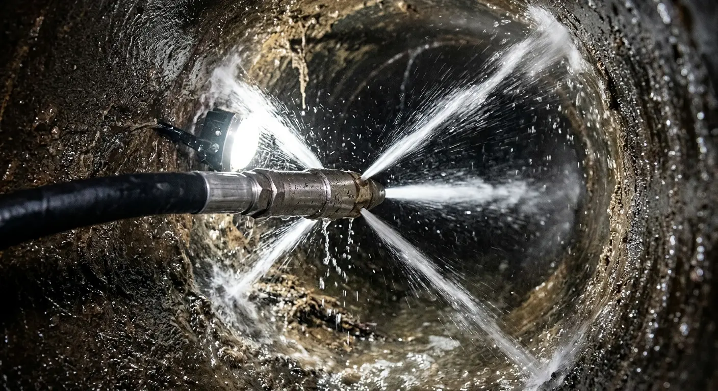 High-pressure hydro jetting nozzle cleaning sewer pipe for Trenchless Sewer Repair in Primera