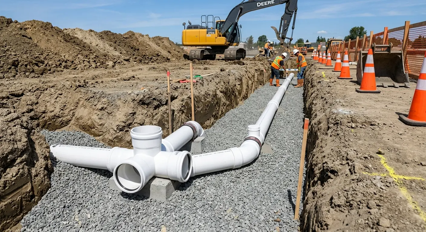 New PVC sewer pipe installation in open trench for Commercial Drain Cleaning in Primera